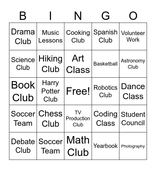 Extracurricular Activities Bingo Card