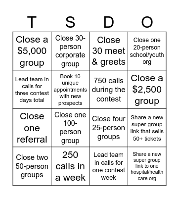 TSD Sales Contest Bingo Card