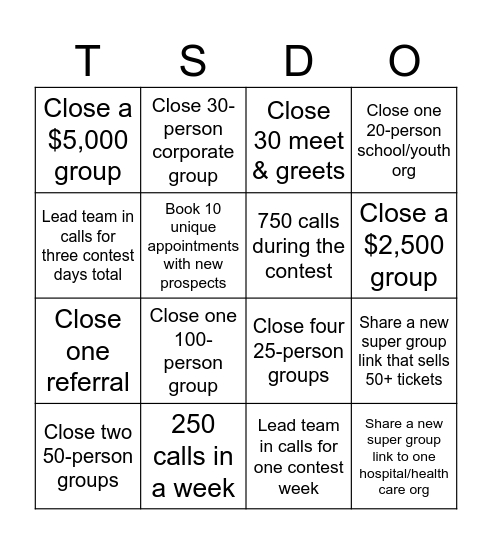 TSD Sales Contest Bingo Card