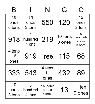 Place Value Bingo Card