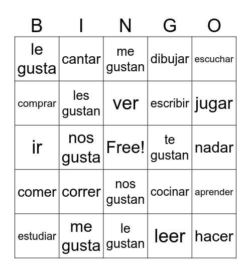 Gustar & Vocab Bingo Card