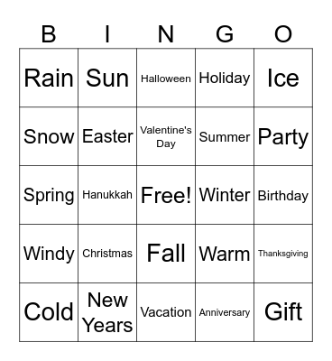 Seasons and Holidays Bingo Card