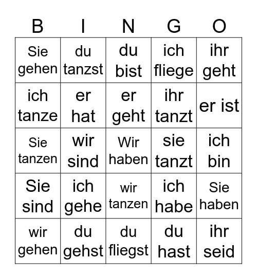 Verb Conjugation Bingo Card
