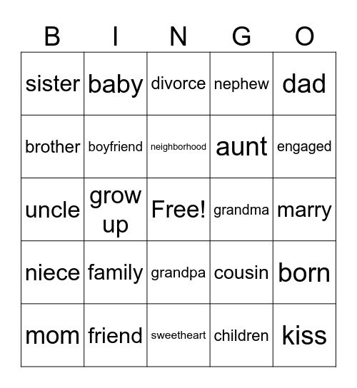 Family/friend Bingo Card