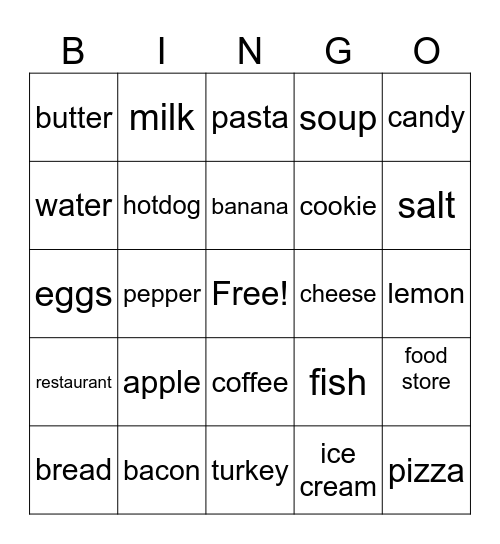 food/drink Bingo Card