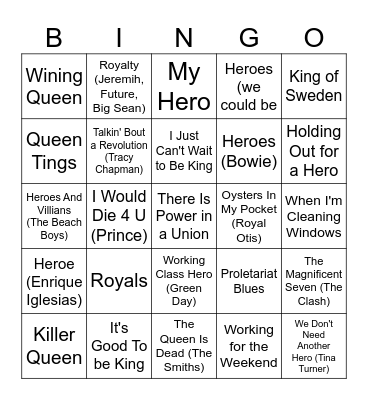 Royals and Working Class Heros Bingo Card