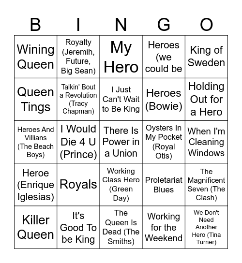 Royals and Working Class Heros Bingo Card