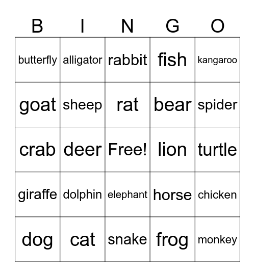 animal Bingo Card