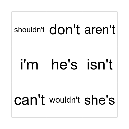 Contractions Bingo Card