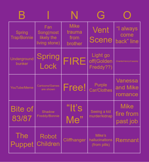 FNAF Movie Bingo Card