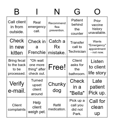 Veterinary Reception Bingo Card