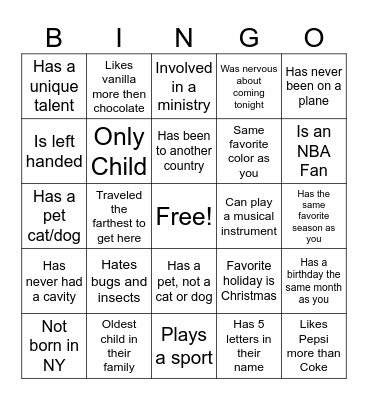 Youth Meet and Greet Bingo Card