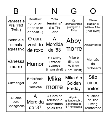 Bingo do filme de FNaF Bingo Card