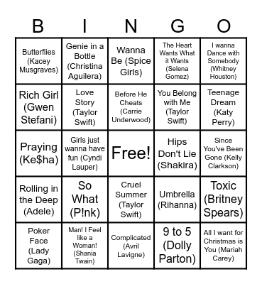 Popular Female Artist Music Bingo Card