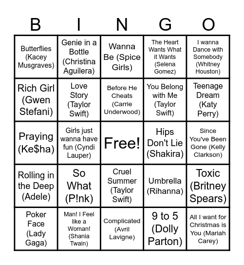 Popular Female Artist Music Bingo Card
