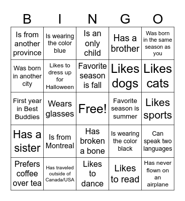 Best Buddies Bingo:o Bingo Card