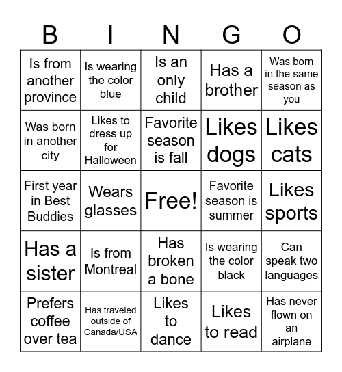 Best Buddies Bingo:o Bingo Card
