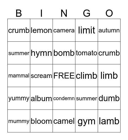 Spellings for /m/ Bingo Card