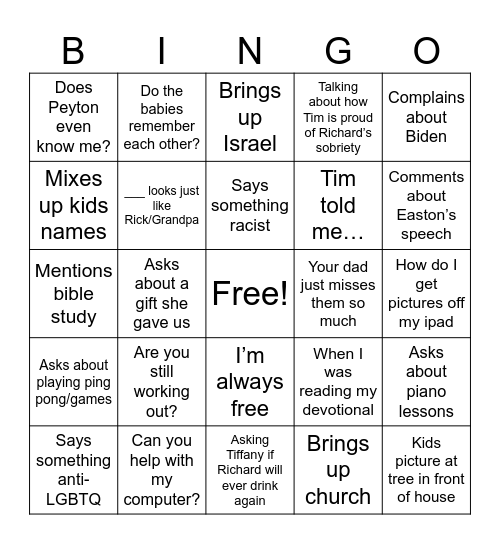 Grandma Bingo Card