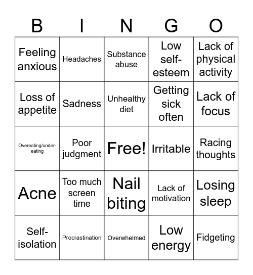 Stress Habits Bingo Card