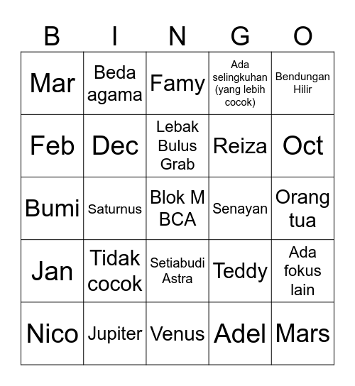 Teddy Bingo Card