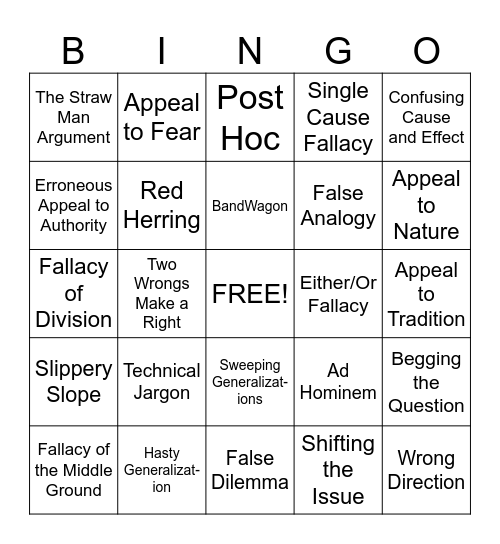 Logical Fallacy Bingo Card