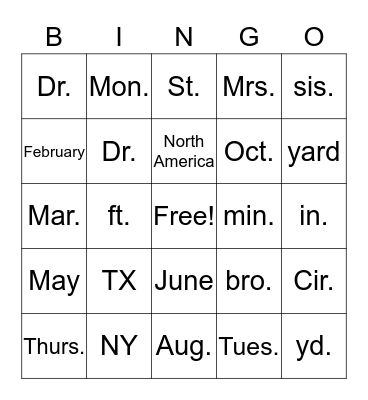 Abbreviations Bingo Card