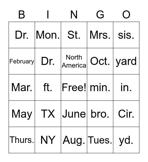 Abbreviations Bingo Card