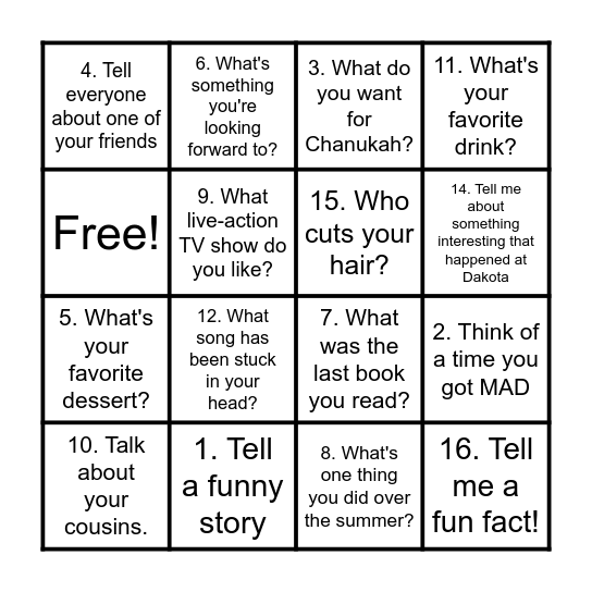 Conversational Bingo Card