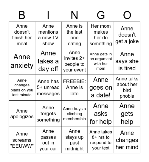 Anne Bingo Card