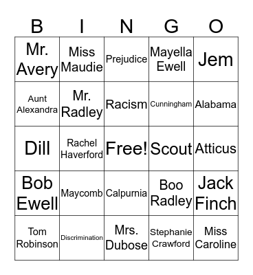 To Kill a Mockingbird  Bingo Card