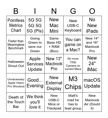 Oct 2023 Apple Event Bingo Card