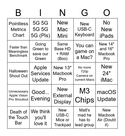 Oct 2023 Apple Event Bingo Card