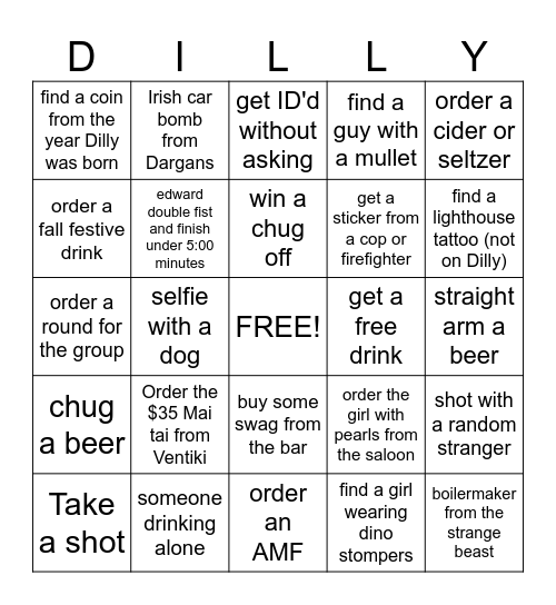 Dilly's Dirty Thirty Bingo Card