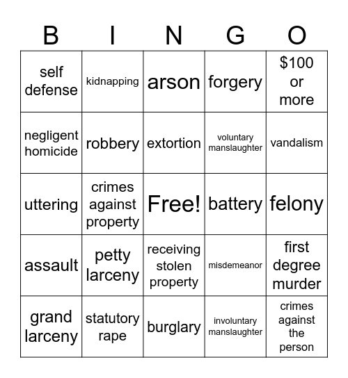 Criminal Law Bingo Card