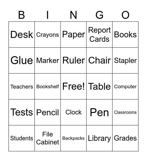 Things At School Bingo Card