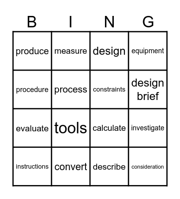 Design and Technology Bingo Card