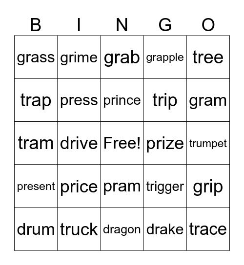 dr- gr- pr- tr- Bingo Card