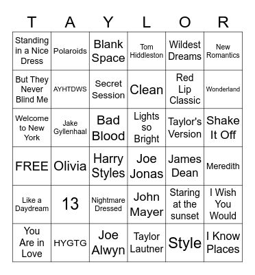 1989 Taylor's Version Bingo Card