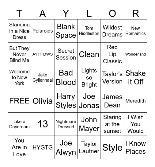 1989 Taylor's Version Bingo Card