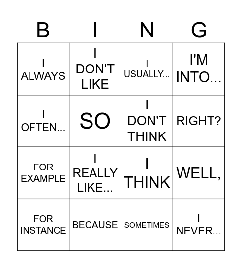 SPEAKING Bingo Card