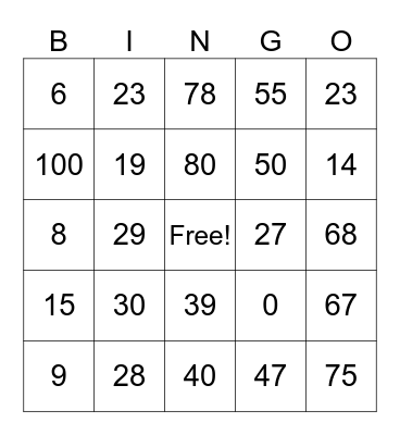 Number Bingo Card