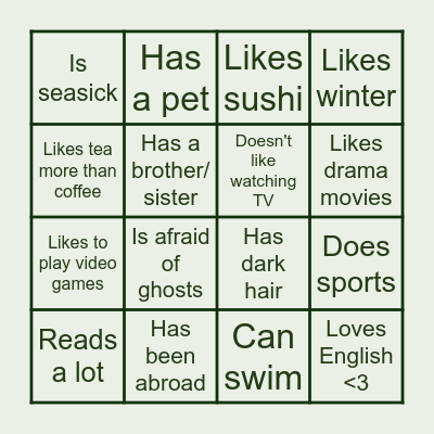 Get to know each other! Bingo Card