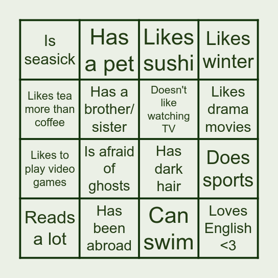 Get to know each other! Bingo Card