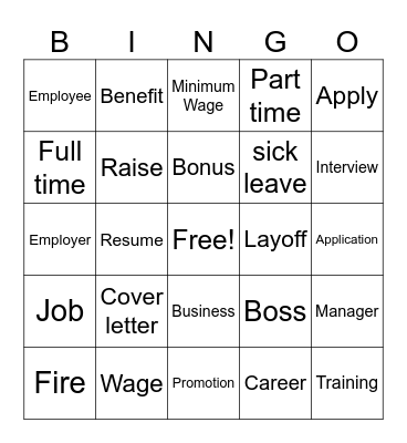 Employment Words Bingo Card