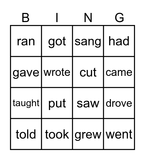 Irregular verbs Bingo Card
