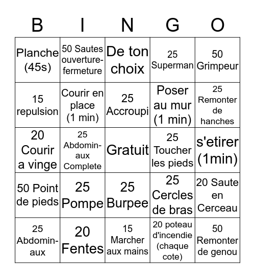 Bingo d'Exercise Bingo Card