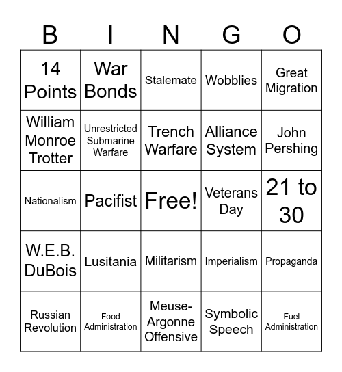 WWI Bingo Card