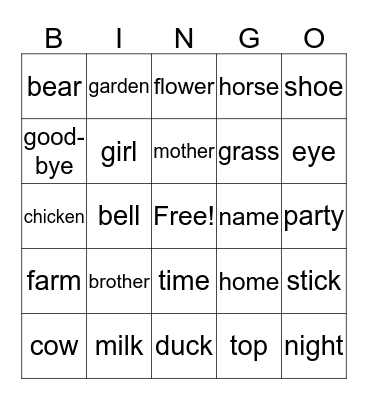 First Grade Nouns Bingo Card