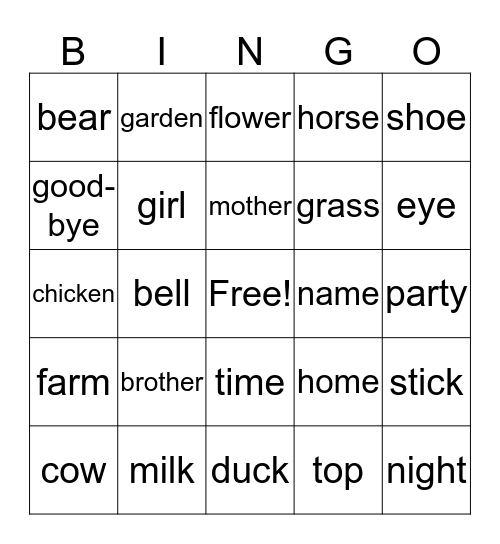 First Grade Nouns Bingo Card